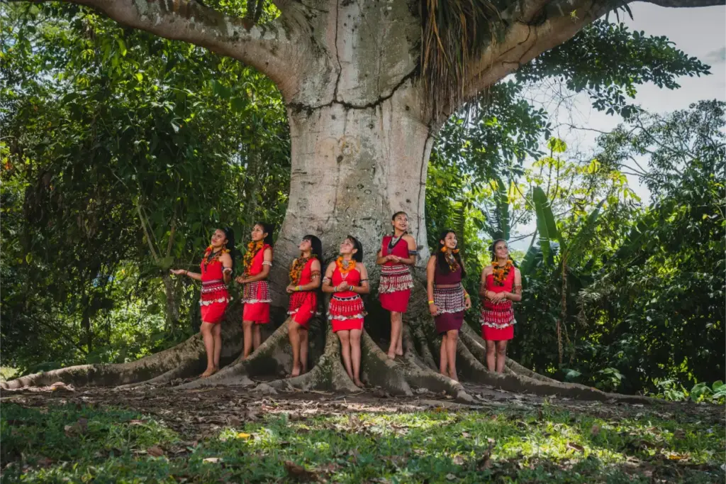 Lenguas de la Amazonía Peruana: Un Viaje en la Conservación de la Comunicación Indígena 27 Lenguas de la Amazonía peruana, personas nativas alrededor de un gran árbol